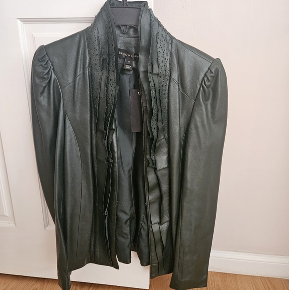 Bagatelle Butter Soft Laser-cut Ruffle Leather Jacket - Forest Green M (Medium) - Picture 4 of 4